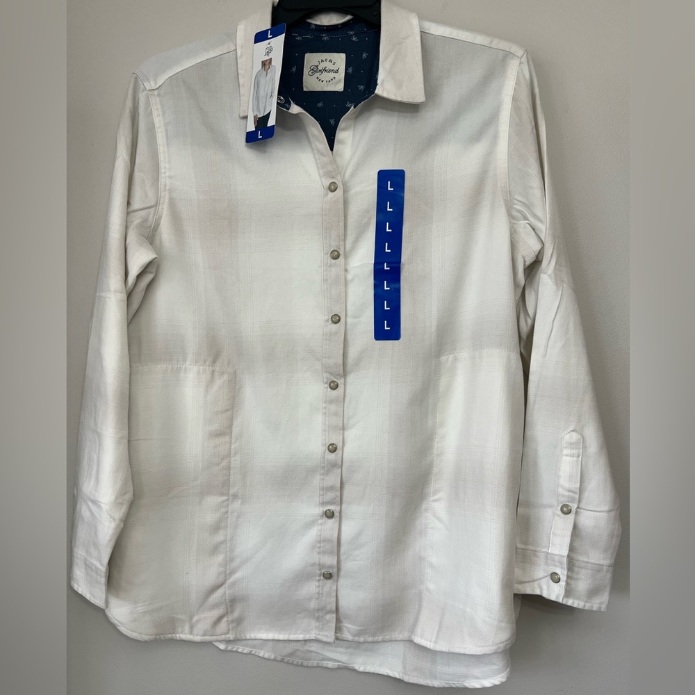 NWT Jach’s Girlfriend Plaid Shirt Size Large White Pockets Neutral White